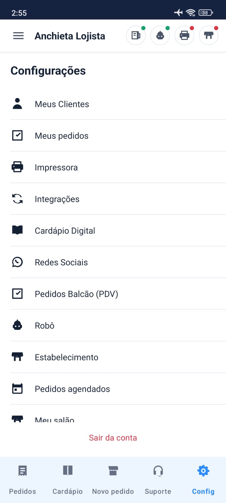 Captura real das ferramentas disponíveis no aplicativo Anchieta Lojista