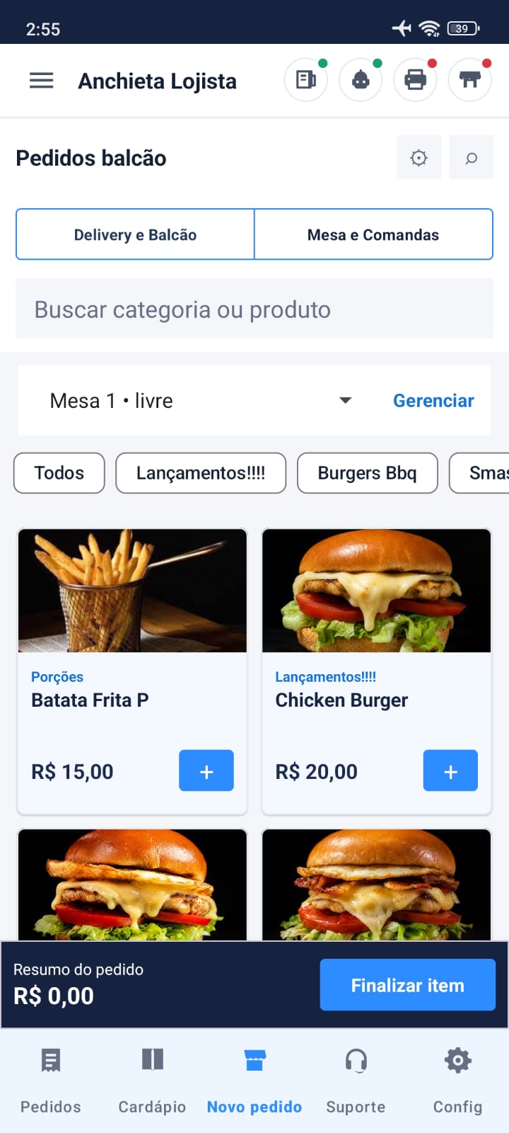 Tela real do Anchieta Lojista com produtos, pedidos de balcão e mesas